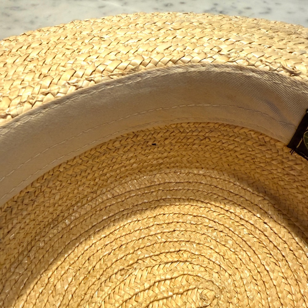 Scala Classica Natural Straw Boater Hat Navy Red Ribbon Bow Skimmer Handmade - Picture 7 of 8